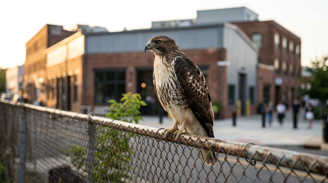 Majestic Hawk Spotted Perched on Union Market Fence, Captivating Local Onlookers