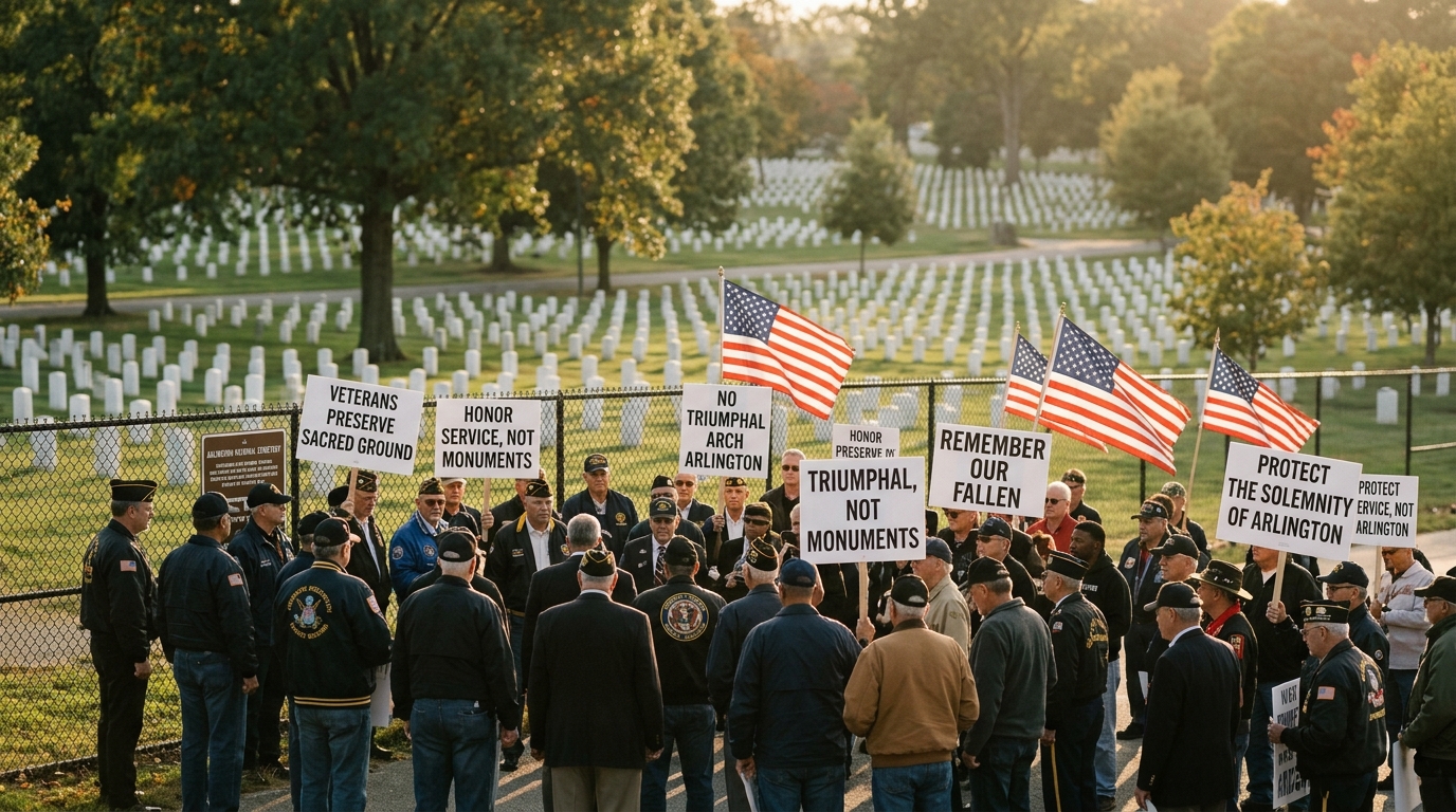 Veterans Gather Near Arlington National Cemetery to Protest Proposed Triumphal Arch