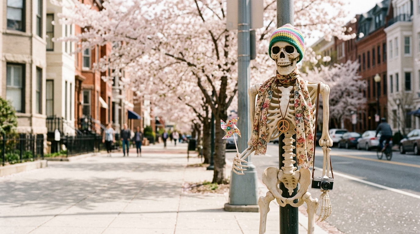 G Street Skeleton Emerges During Cherry Blossom Season, A Quirky DC Tradition