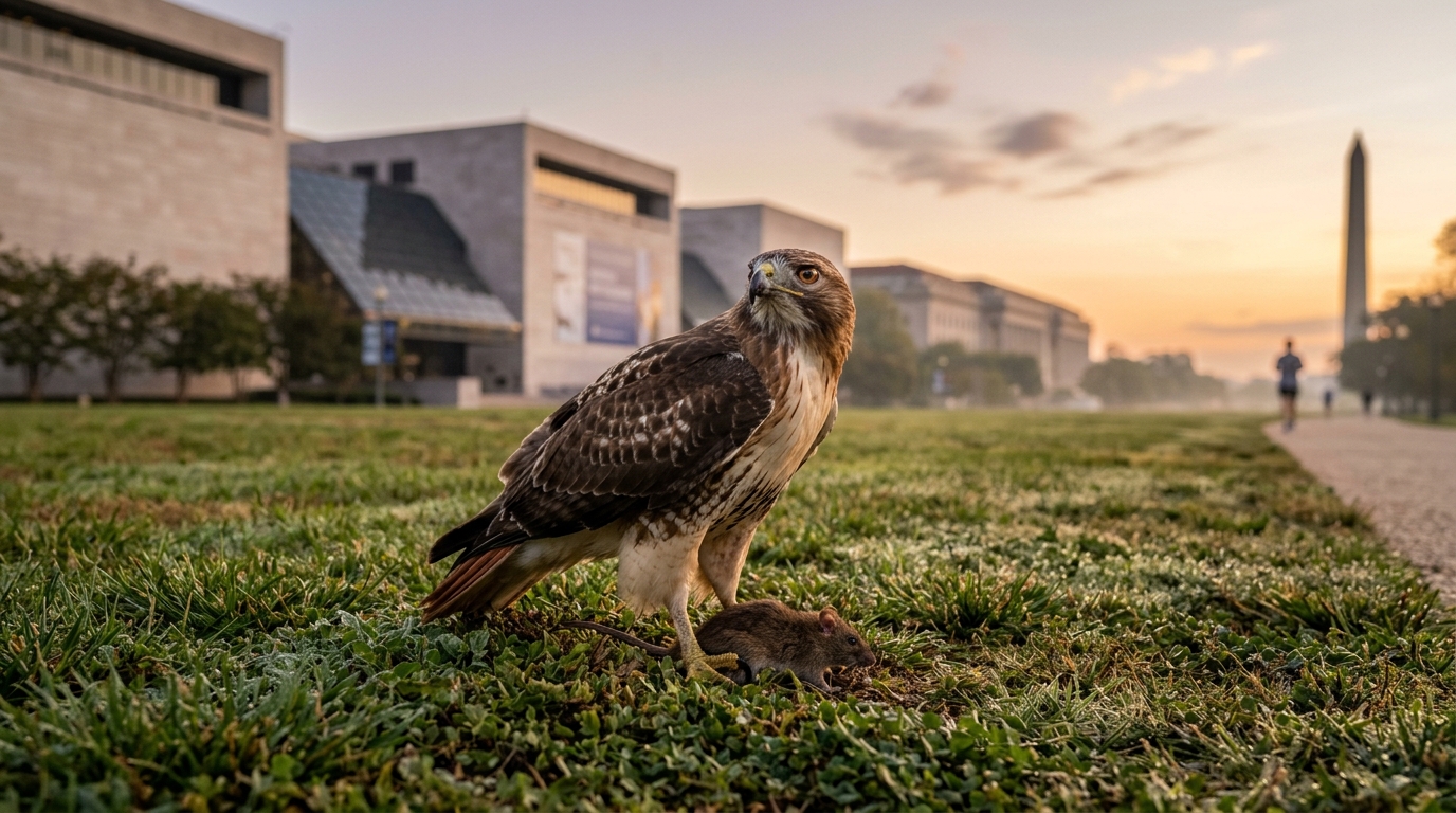 Early Morning Feast: Hawk Spotted Breakfasting on Rat Near Air and Space Museum