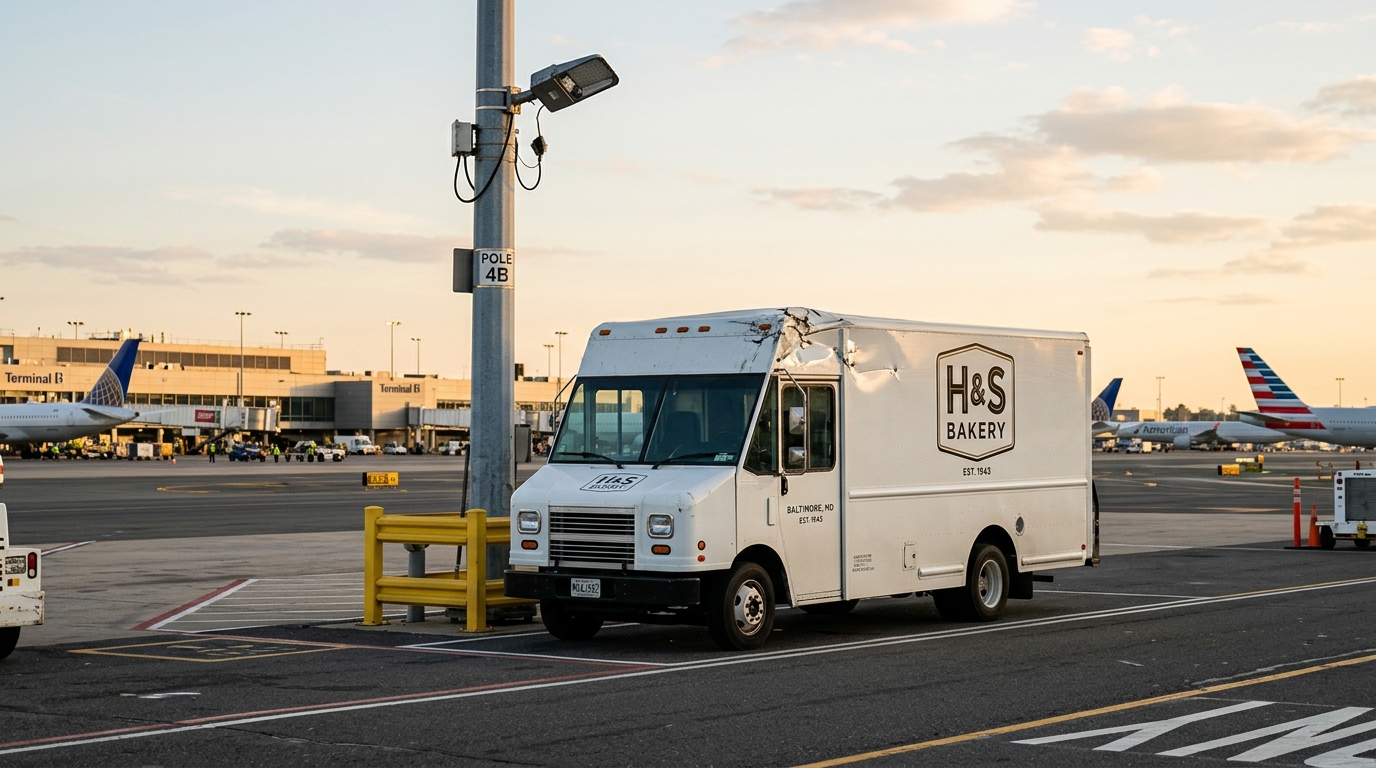NTSB Report Clears Passenger Jet: Baltimore's H&S Bakery Truck Hit by Airport Light Pole Debris