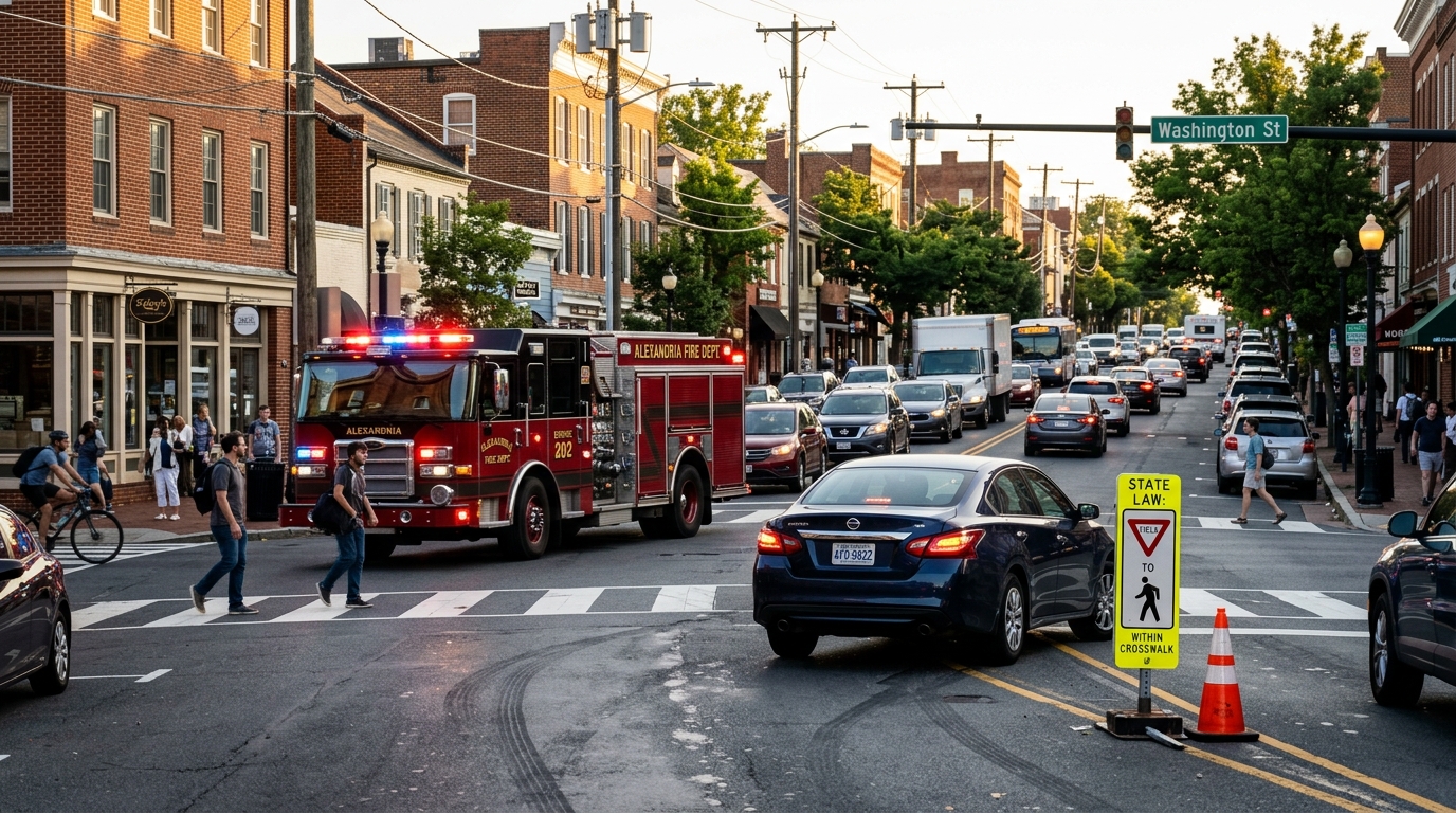 Pedestrian Seriously Injured After Vehicle Swerves to Avoid Fire Engine in Alexandria's Landmark Area