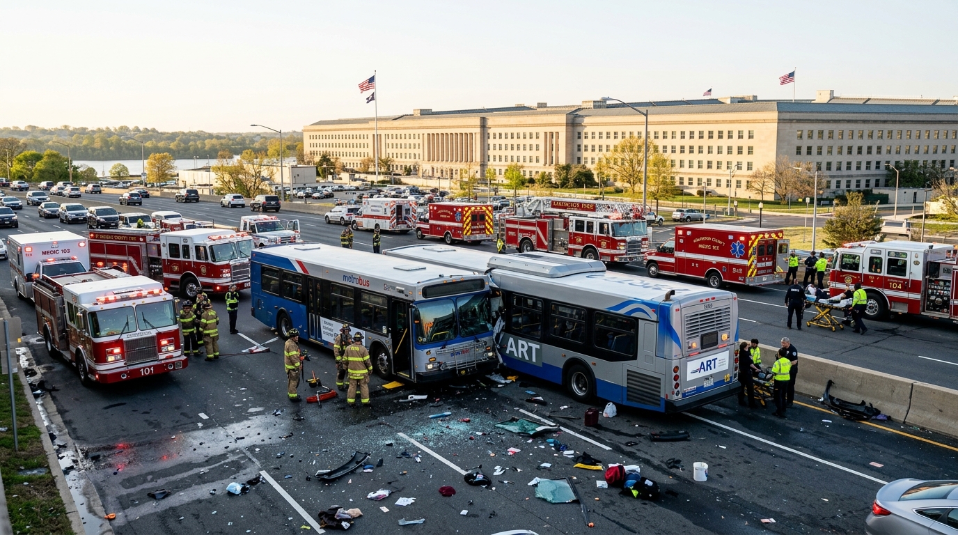 Head-On Bus Collision Near Pentagon Injures 23, Investigation Underway in Arlington